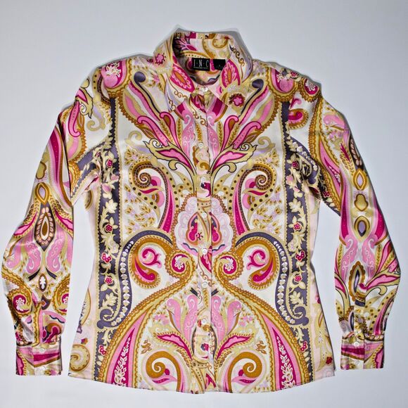 INC 100% Silk Pink Floral Paisley Button Up Top Blouse Long Sleeve Women Size 6 - Picture 8 of 15